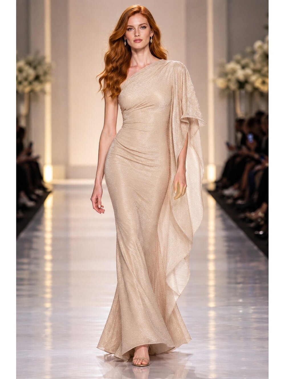 Betsy Adam “Graclyn” Metallic One Shoulder Side Ruffle Gown Gold Silver sz 8 NWT